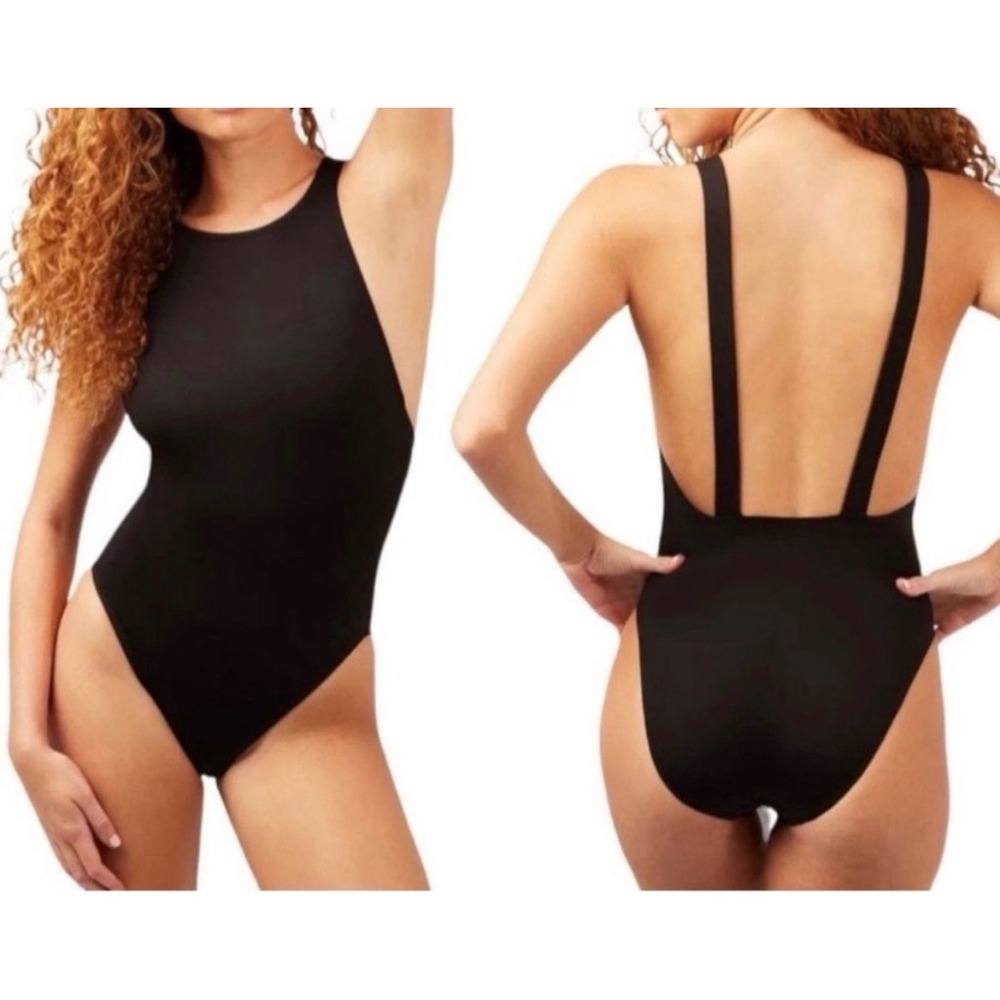 Andie Montauk One Piece Swimsuit Ribbed Black High Neck Open Back Classic XXXL